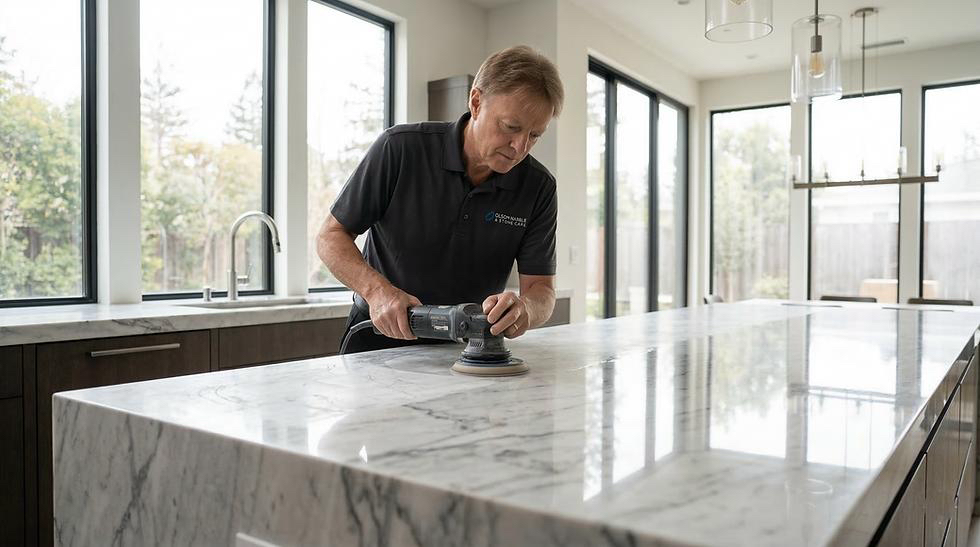 Technician polishing a marble kitchen island
